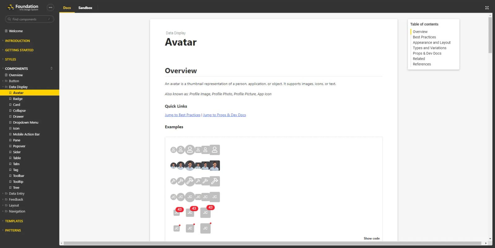 showcasing avatar component in storybook