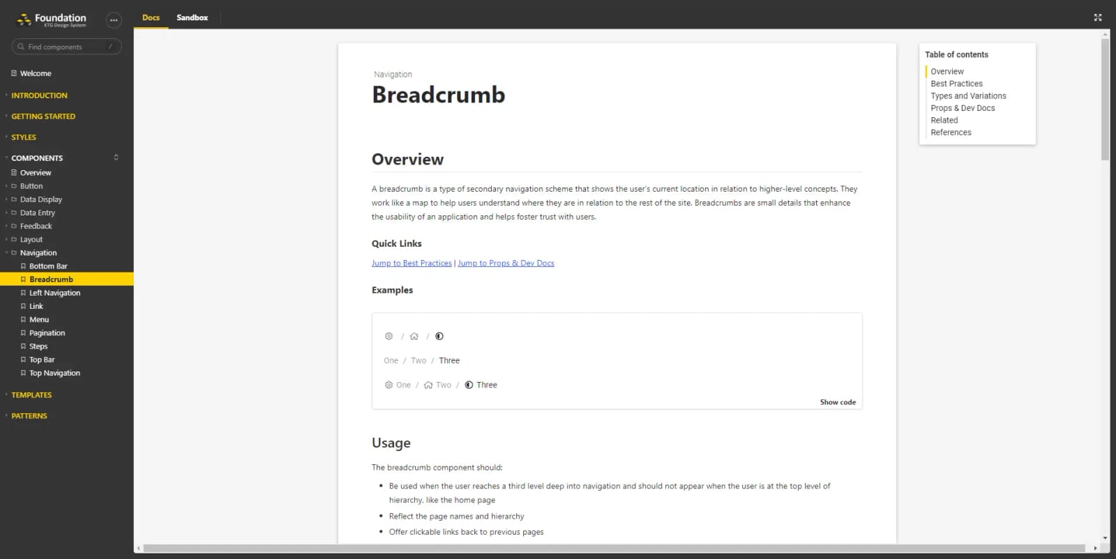 showcasing breadcrumb component in storybook