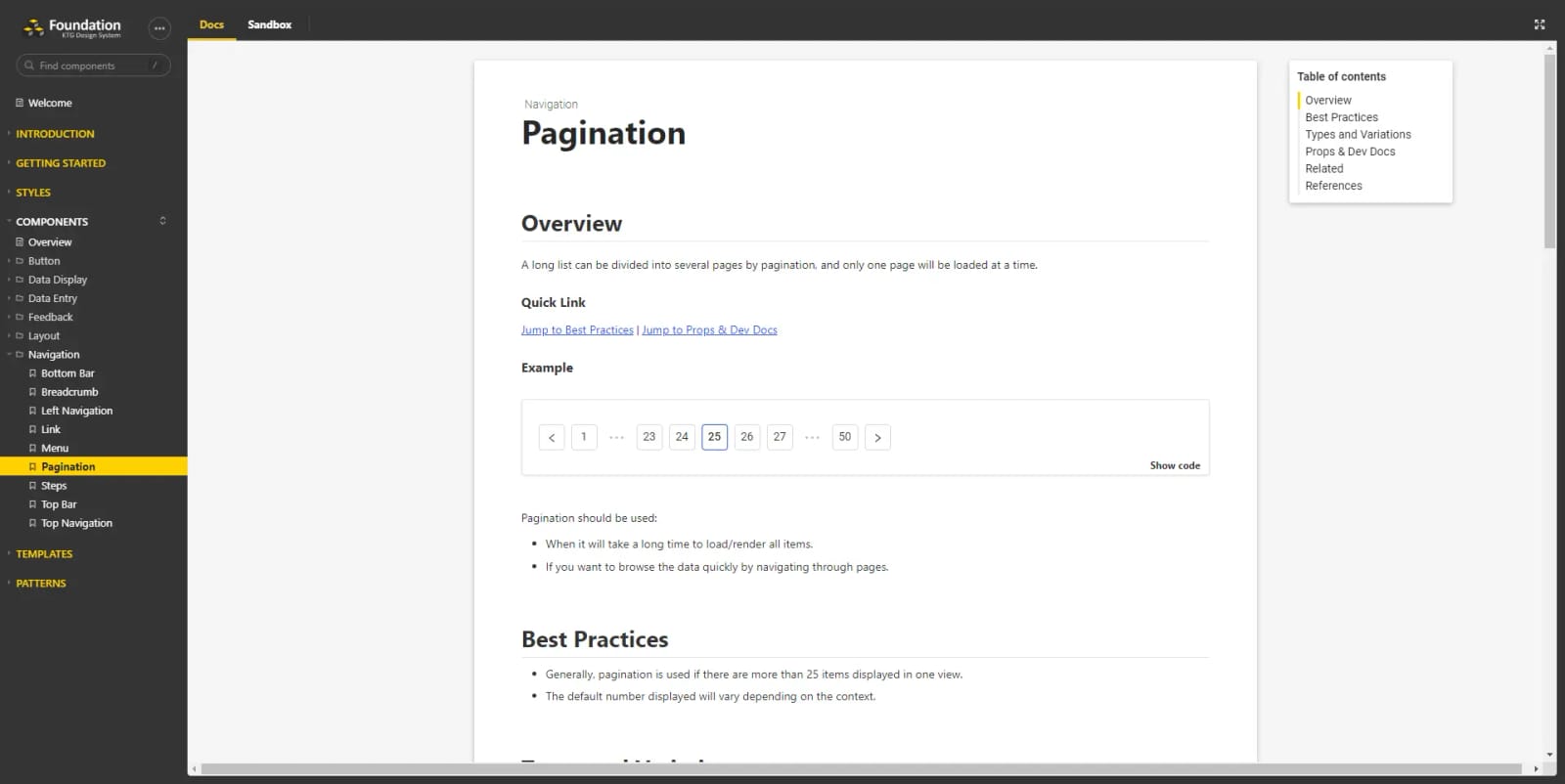 showcasing pagination component in storybook