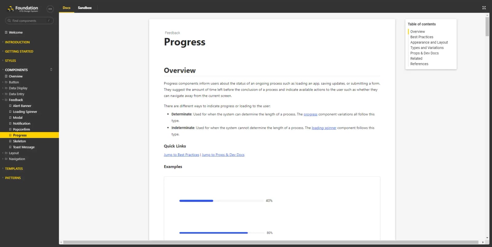 showcasing progress component in storybook